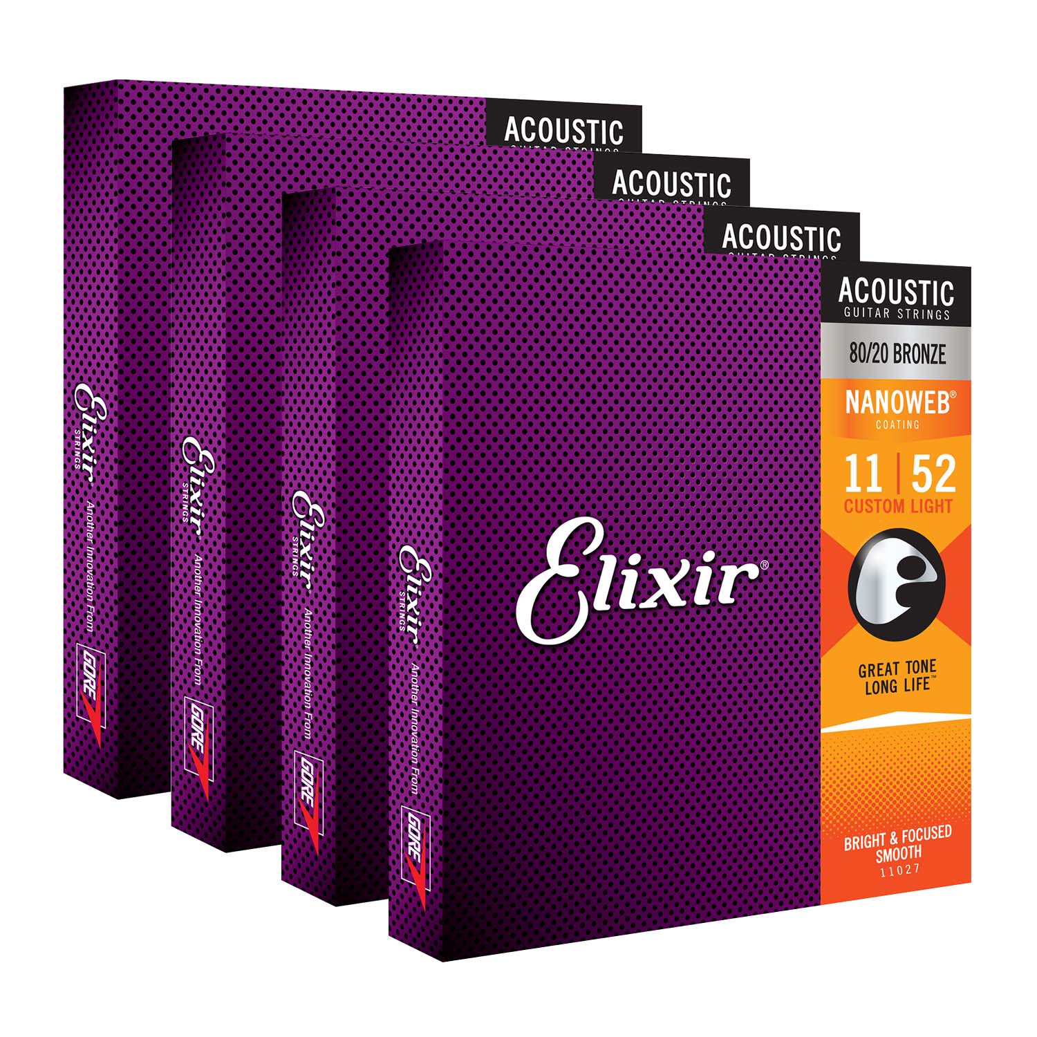 Elixir 11027 11-52 80/20 Nanoweb Acoustic Guitar Strings - 4PK